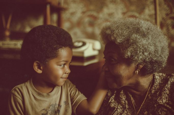 A nostalgic image of a boy and his grandmother, speaking from the heart.