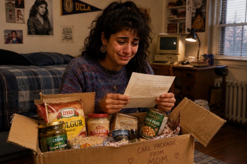 Illustrated image of an Indian college student receiving a care package from her mother in the mid 80s