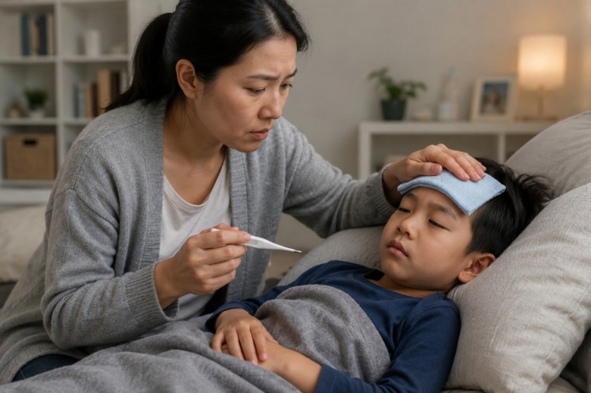 Illustrated image of an Asian woman tending to her sick child
