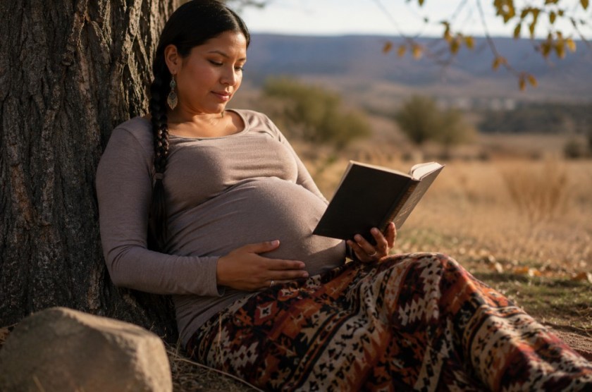 Illustrated image of a pregnant woman sitting by a tree and reading.