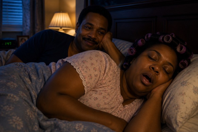 Illustrated image of a man, smiling at a woman as she sleeps