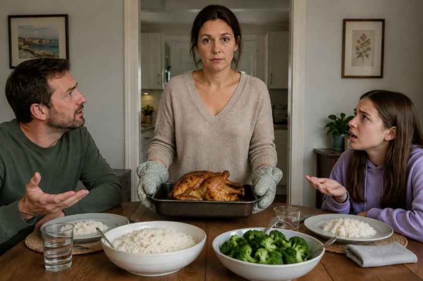 Illustrated image of a woman putting food on the table while the family complains.
