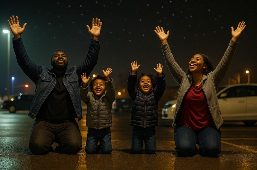 An image of a Black family on their knees in a restaurant parking lot. Their hands are raised to the heavens, rejoicing.