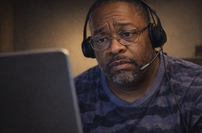 Illustrated image of a sad man, working on the computer.