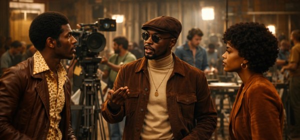 An illustration of a Black film director talking to actors on the set of a Blaxploitation film.