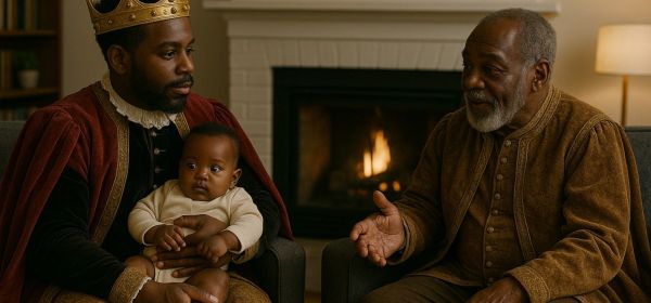 Image of a young father as the role of King in a modern-day living room. His aging father counsels him has he holds his newborn son.