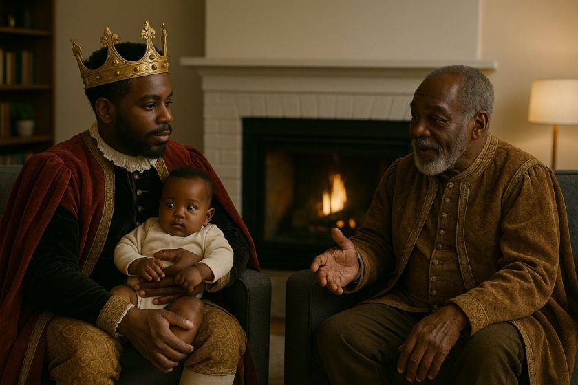 Image of a young father as the role of King in a modern-day living room. His aging father counsels him has he holds his newborn son.