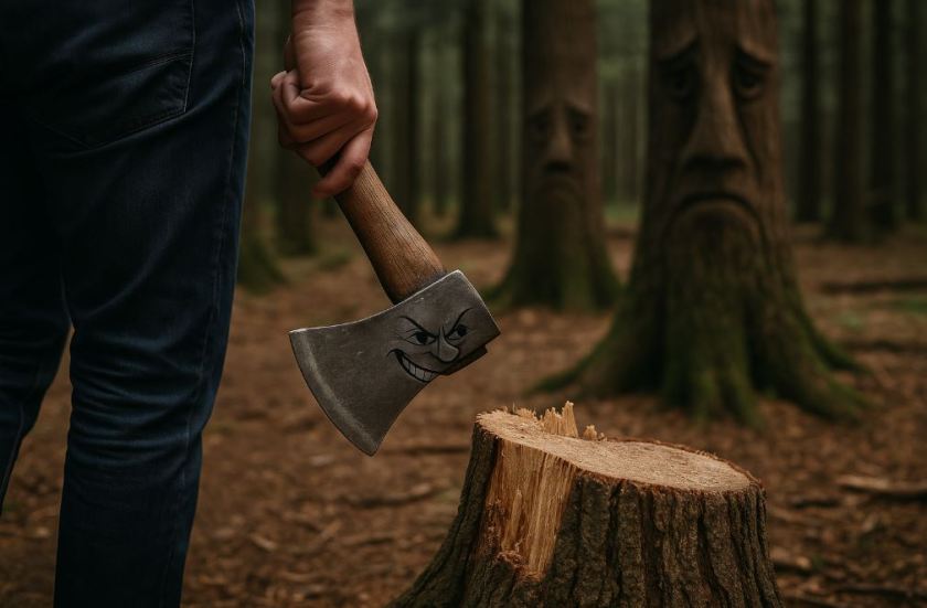 A person holding an axe near a tree stump in a forest, while nearby trees appear scarred and sad — symbolizing the proverb “The axe forgets, but the tree remembers.”