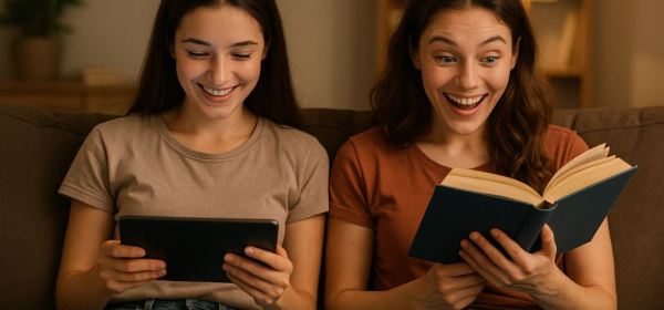 Two young women sitting on a couch, one reading from a tablet and the other excitedly reading from a book — highlighting the difference between screen stories and real reading.