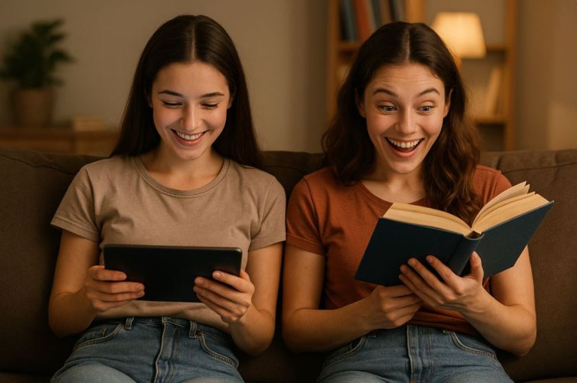 Two young women sitting on a couch, one reading from a tablet and the other excitedly reading from a book — highlighting the difference between screen stories and real reading.