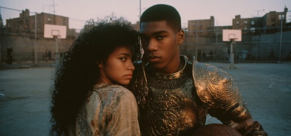 An image of two black teenagers dressed as a knight and a fair maiden on a basketball court in the 80s. She is in his arms as he holds a basketball.