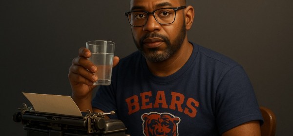 An image of a frustrated Black man in a Chicago Bears shirt, drinking a glass of water while sitting at a typewriter.