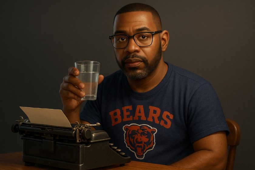 An image of a frustrated Black man in a Chicago Bears shirt, drinking a glass of water while sitting at a typewriter.