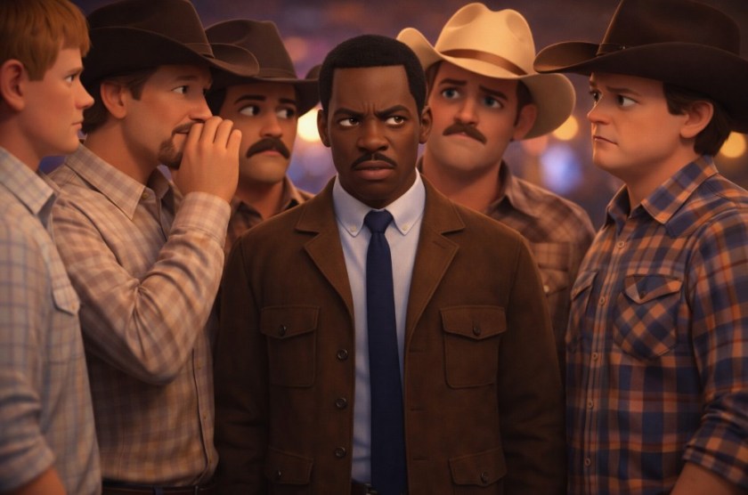 Illustrated scene showing a confident Black man standing calmly at the center of a group of white men in a dimly lit bar.