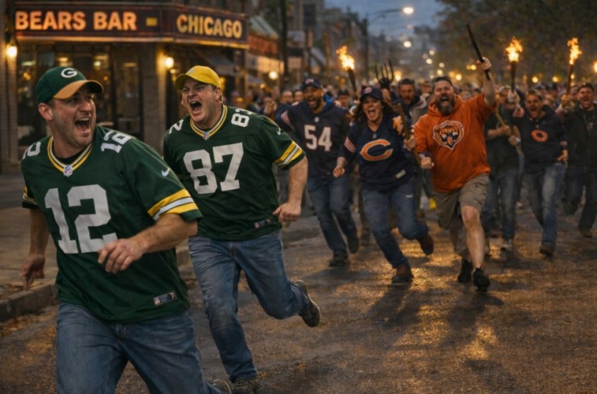Illustrated scene of two Green Bay Packers fans being chased down the street by a mob of Chicago Bears fans.