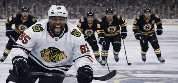 An image of a black man in a visiting team Chicago Blackhawks uniform being chased by members of the Boston Bruins hockey team in their arena.