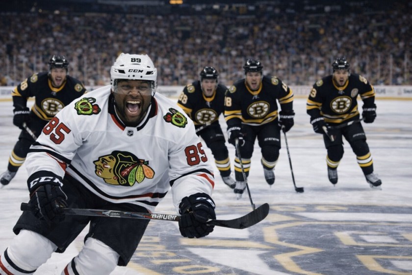 An image of a black man in a visiting team Chicago Blackhawks uniform being chased by members of the Boston Bruins hockey team in their arena.