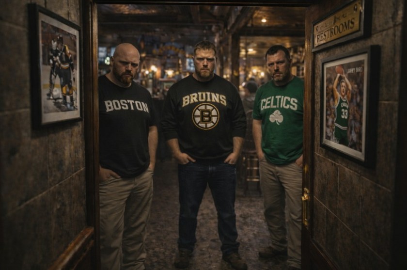 An image of 3 Boston sports fanatics, standing in the entrance to a Boston pub, blocking the hallway from the restrooms. They are angry because I'm not a Boston fan.