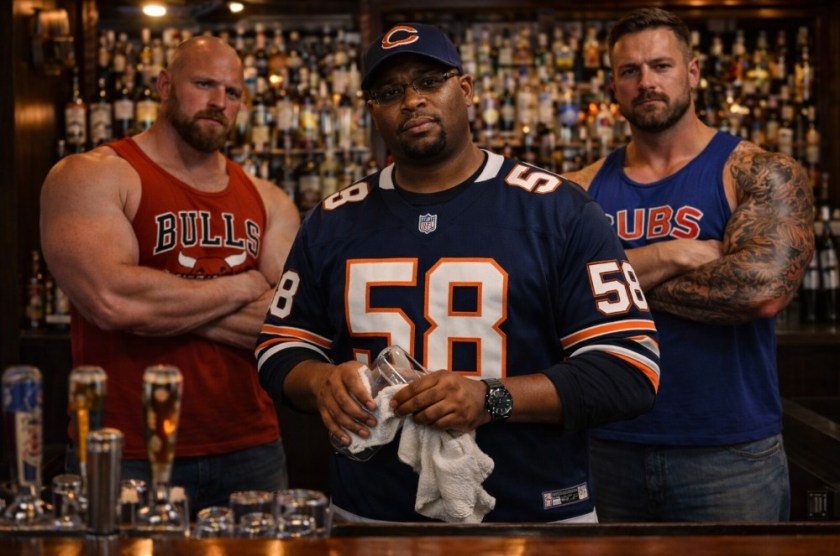 Illustrated scene of a Black bartender at a Chicago sports Bar, wearing a Bears shirt, with two bodyguards wearing a Chicago Bulls and a Chicago Cubs shirt.