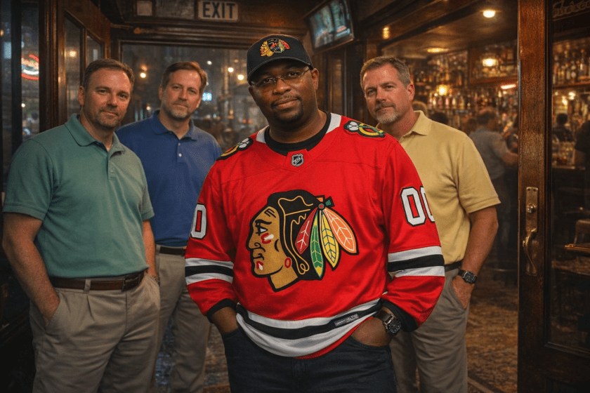 An image of a 30-year-old Black male (me) standing at the entrance of a bar in Boston and wearing a a red Chicago Blackhawks jersey. His 3 white male colleagues are wearing business casual attire.