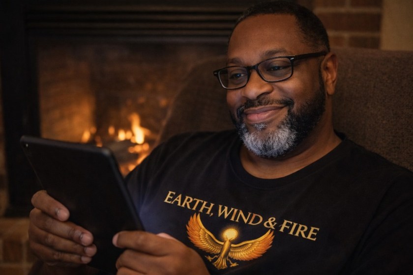 An image of a black man reading a tablet in an Earth, Wind & Fire Tshirt by the fireplace.