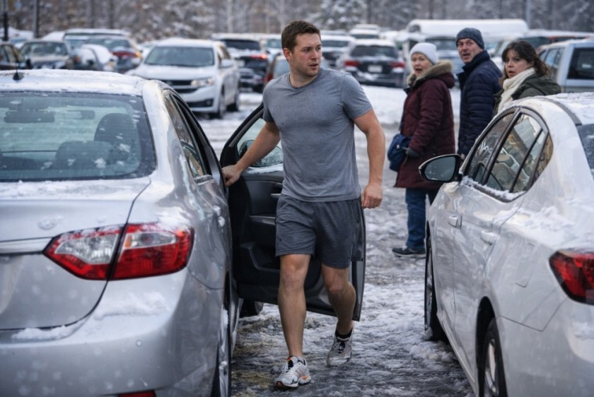 Image of a man in a tshirt and shorts, getting out of a car in freezing weather as onlookers look in shock.