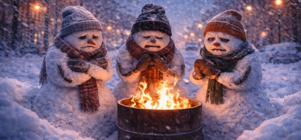 An illustration of 3 snowmen in a snowstorm, freezing and miserable around a garbage can fire.