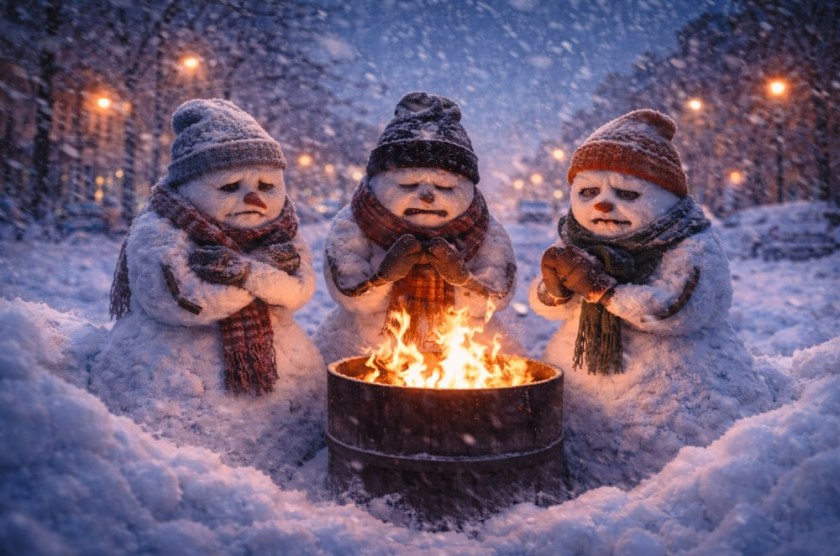 An illustration of 3 snowmen in a snowstorm, freezing and miserable around a garbage can fire.