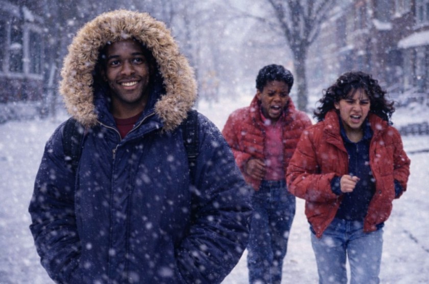 An image of a black teenage male walking to school in a warm and heavy winter coat, while two young girls in "cute" coats are running by, freezing.