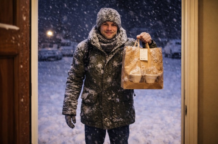 A food delivery person in the cold weather, making a delivery to a warm house.