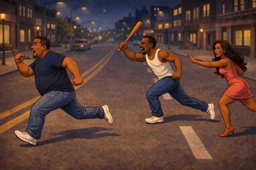 Illustrated scene of an angry, muscular Black man chasing a fat, Black man as the sexy wife tries to stop her husband.