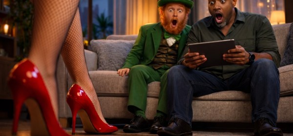 Illustrated scene of a leprechaun and a Black man sitting on a couch as a woman with sexy legs, fishnet, and red high heels approaches in a dimly lit room.