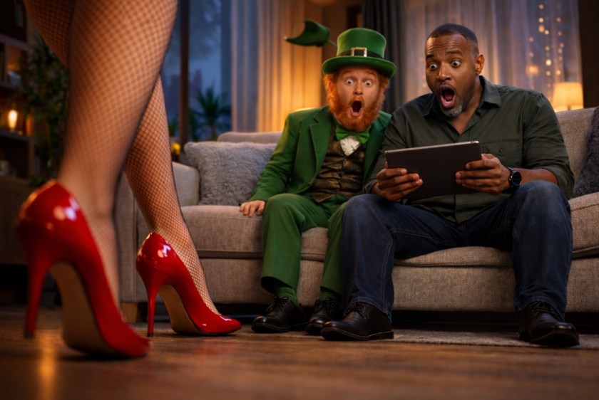 Illustrated scene of a leprechaun and a Black man sitting on a couch as a woman with sexy legs, fishnet, and red high heels approaches in a dimly lit room.