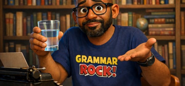 Illustrated scene of a Black man with a Grammar Rock tshirt and gesturing towards the glass of water he's holding while sitting at a typewriter.