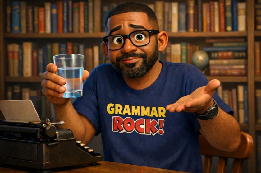 Illustrated scene of a Black man with a Grammar Rock tshirt and gesturing towards the glass of water he's holding while sitting at a typewriter.