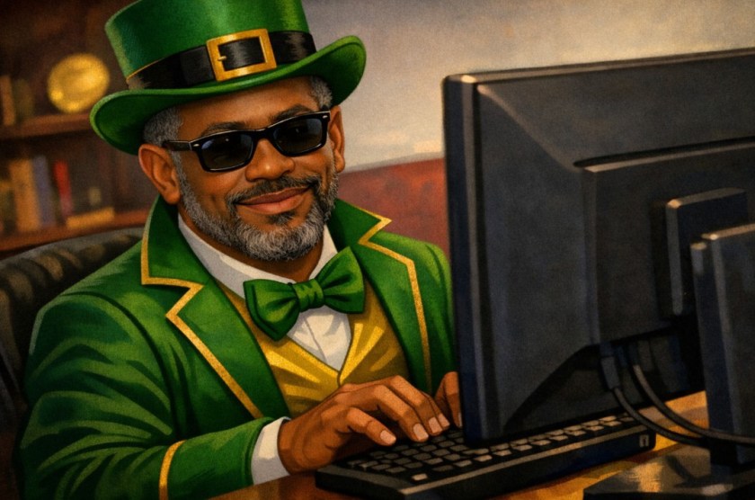 Illustrated scene of a Black man as a leprechaun, typing on the computer.