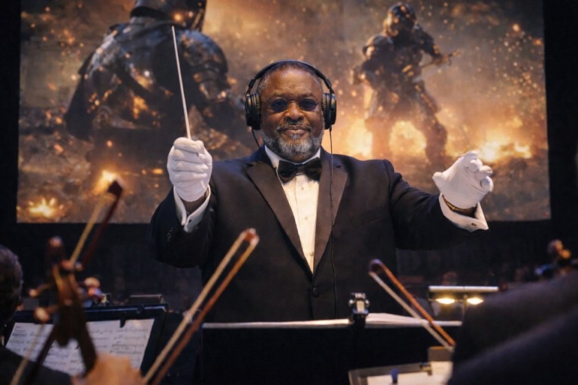 Illustrated scene of a Black man, conducting a musical score for a motion picture.