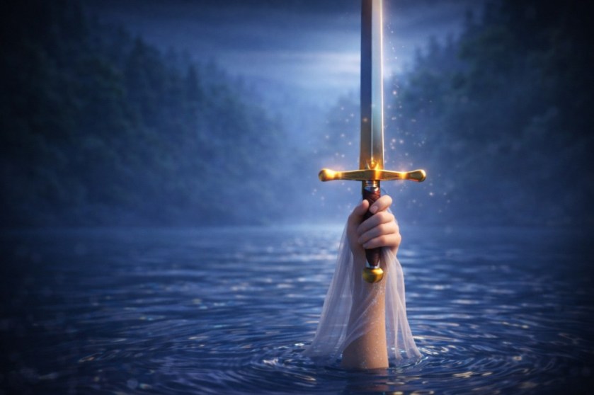 Illustrated recreation of one of the final scenes from Excalibur, the Lady of the Lake catching the sword.