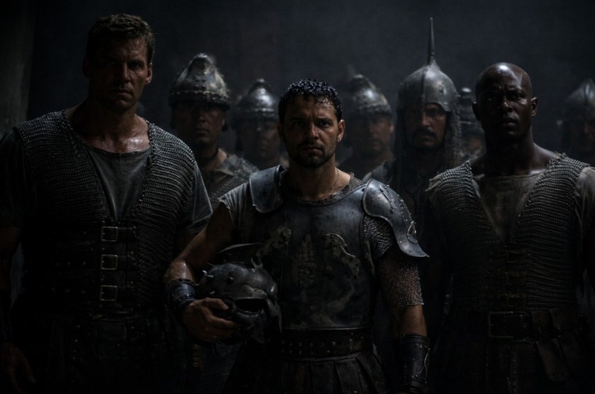 Illustrated recreation of a scene from Gladiator, where Maximus and fellow fighters exit the colosseum.
