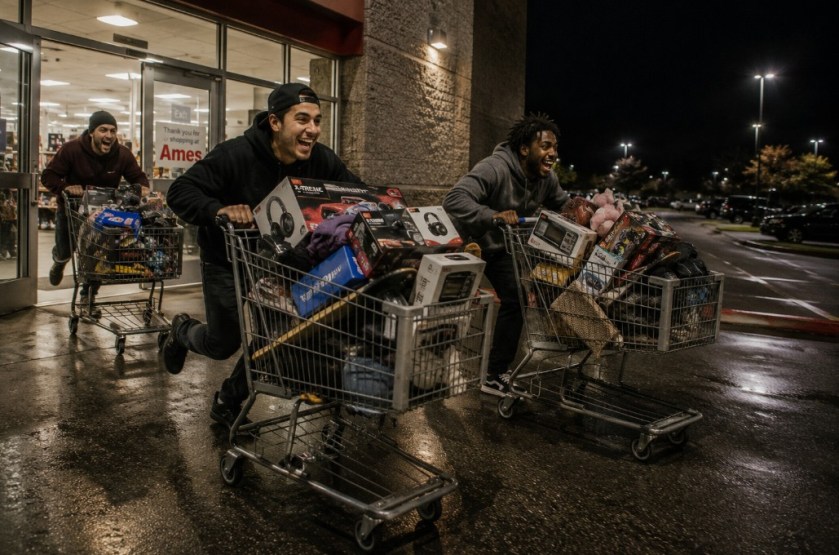 Illustrated image of 3 thieves running out of a department store with unpaid merchandise.