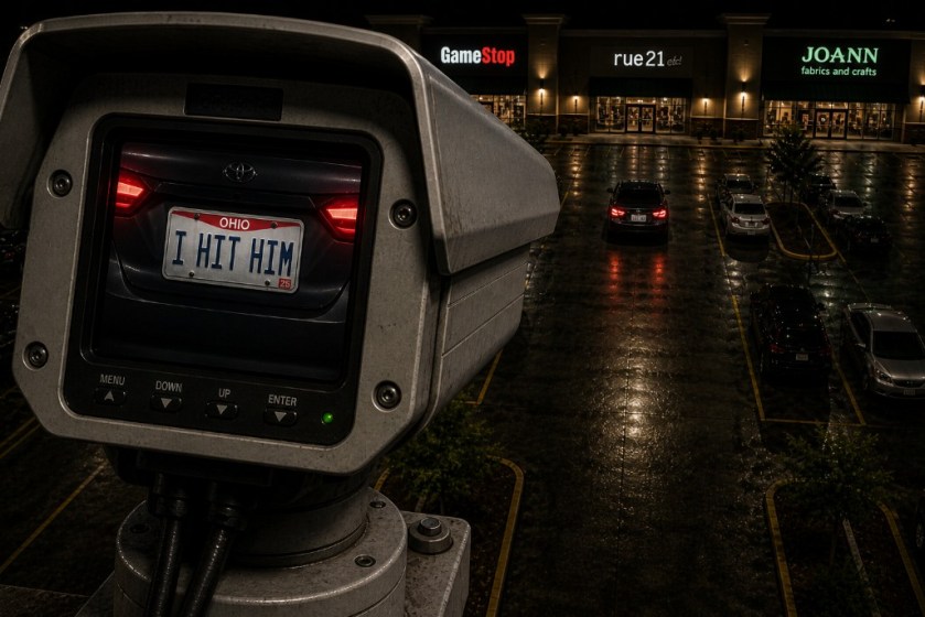 Illustrated image of a security camera capturing a car as it drives away in a parking lot.