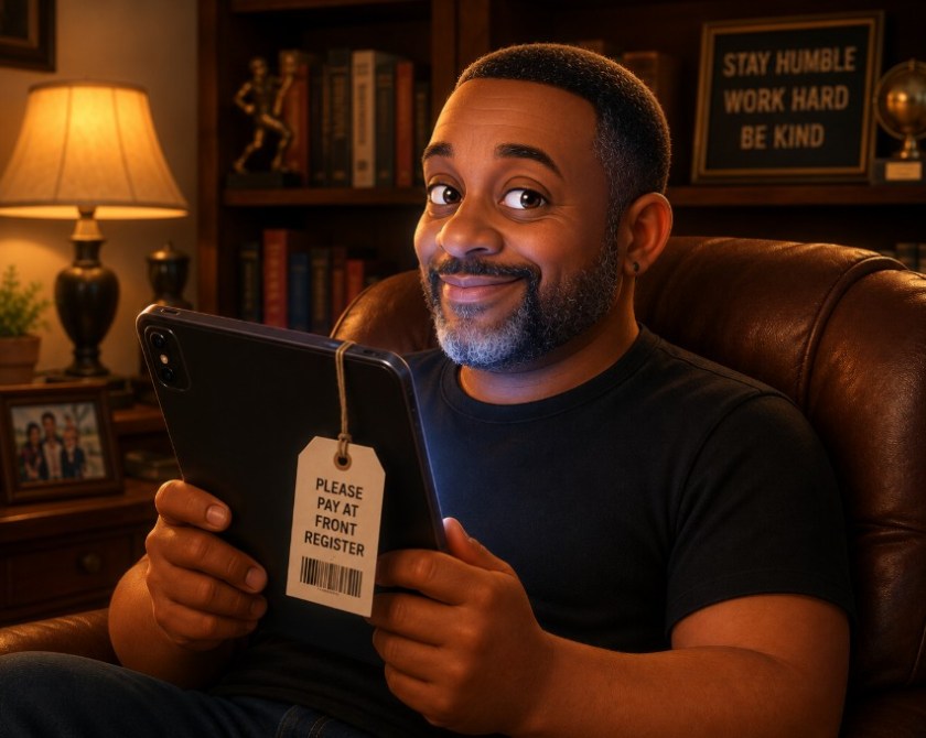 Illustrated image of a Black man enjoying a tablet that hasn't been paid for at the store.