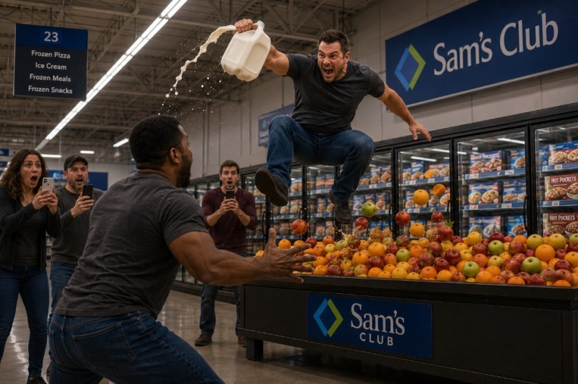 Illustration of two men imitating wrestlers in Sam's Club.