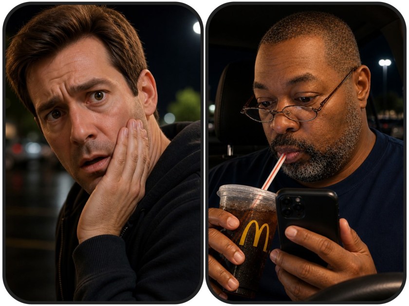 Illustrated two-photo collage of a man holding his jaw and another man minding his own business