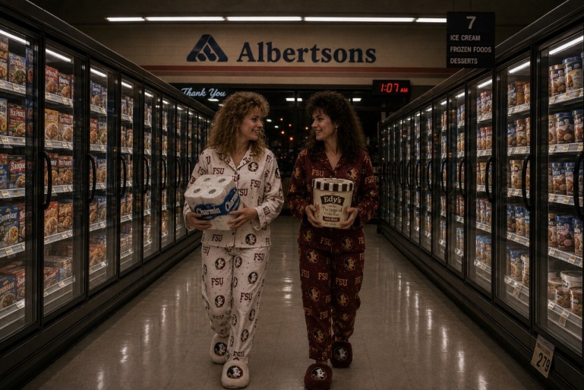 Illustration of two female FSU students shopping in Albertsons grocery store in their pajamas after midnight.