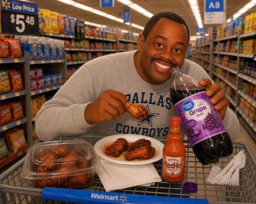 Illustration of a Black man in a Cowboys sweatshirt eating wngs and drinking grape pop in Walmart.