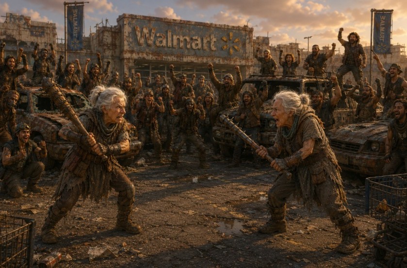 Illustration of two elderly women battling in a Walmart parking lot of the future - dystopian society.