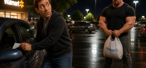Illustrated image of a man spotting someone leaving a note on his car.