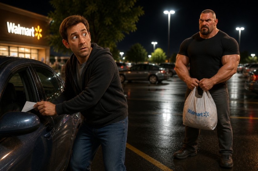 Illustrated image of a man spotting someone leaving a note on his car.