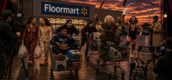 Illustrated image of miscellaneous wild activity outside of a store, but all participants are on a stage.